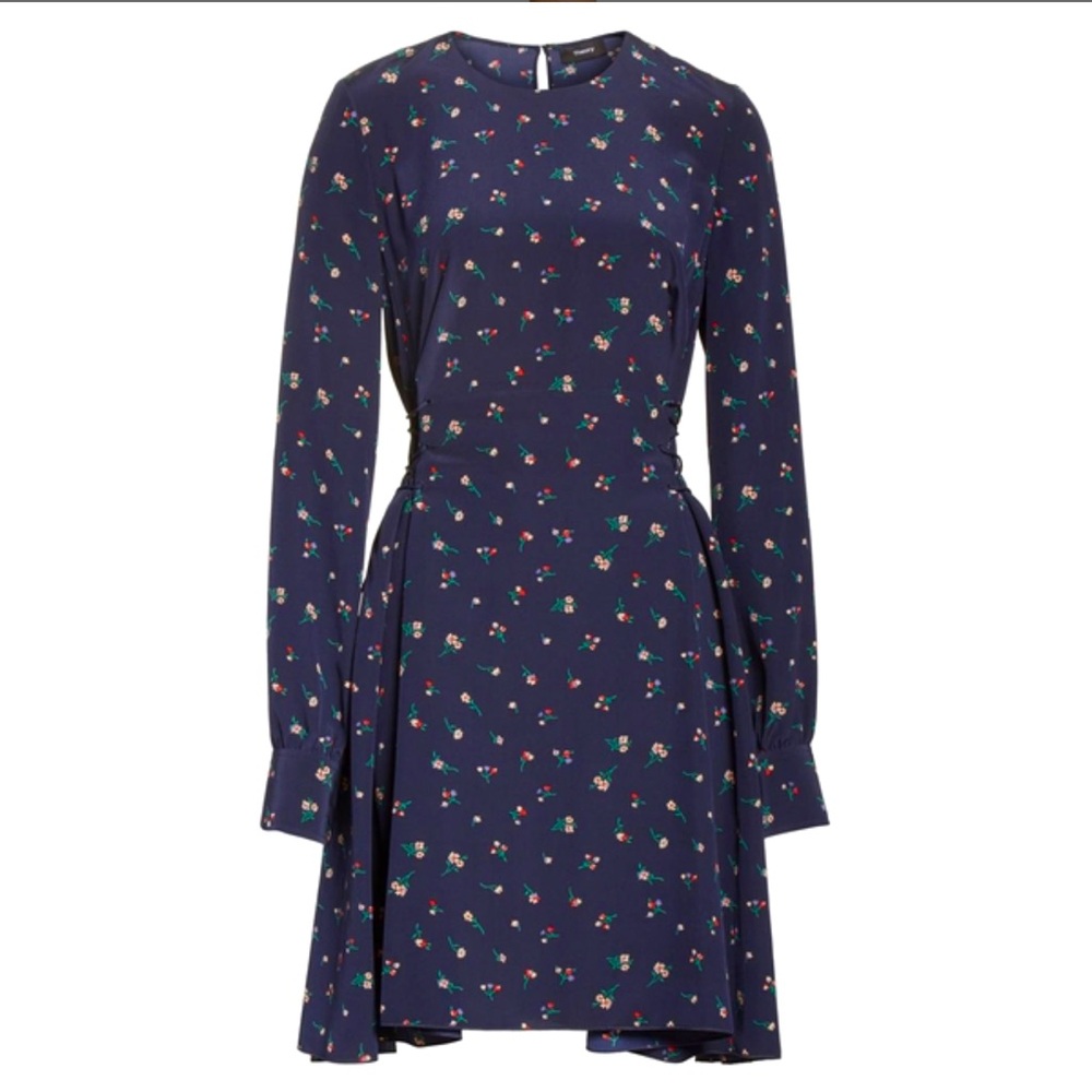 Theory Floral Print Lace-Up Silk Dress
